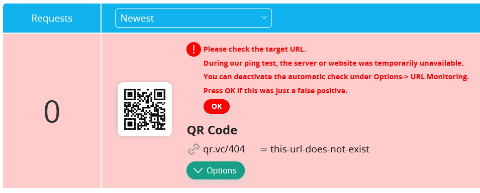 Ejemplo de aviso sobre un código QR con link roto