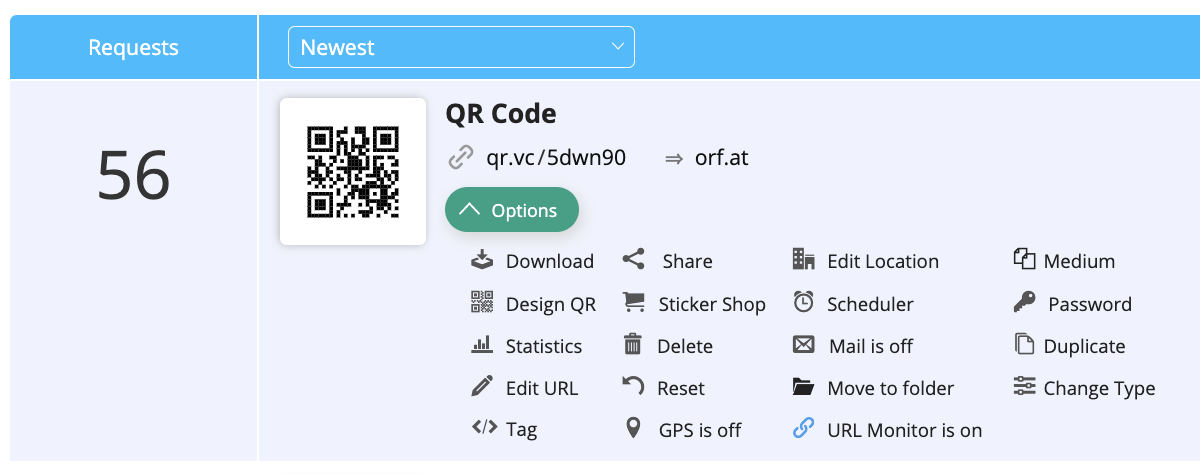 QR Code Options menu with change type menu item