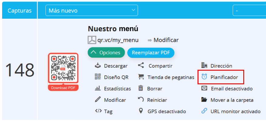 Menú Opciones del código QR PDF