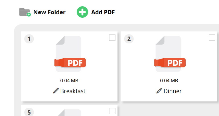 list of PDF files and add new PDF button 