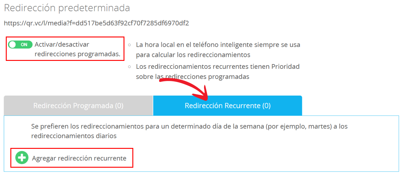 Menú para crear redirecciones recurrentes