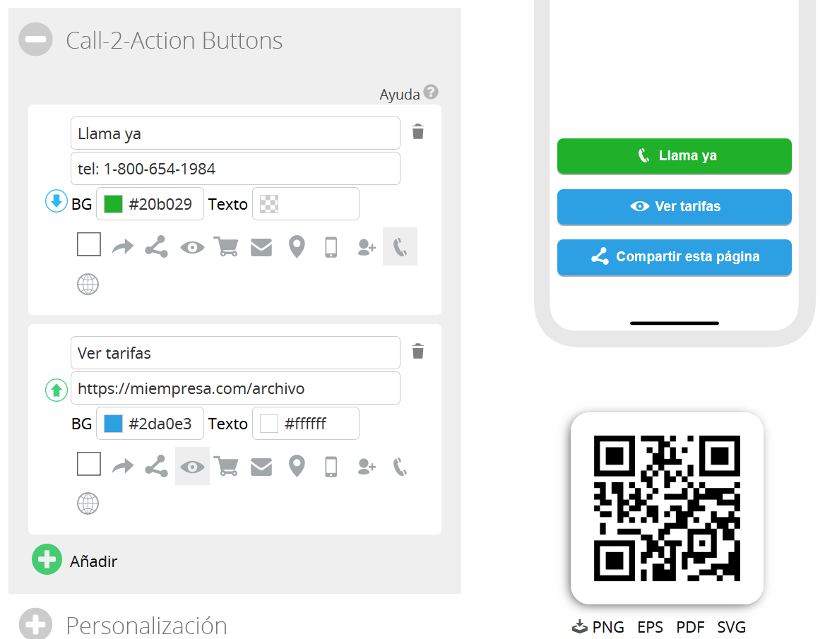 Editor de botones C2A con dos bontones y previsualización