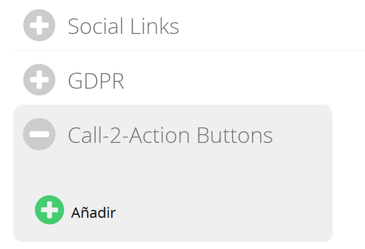 Pestañas del editor del microsite con la pestaña Call-2-action Buttons expandida