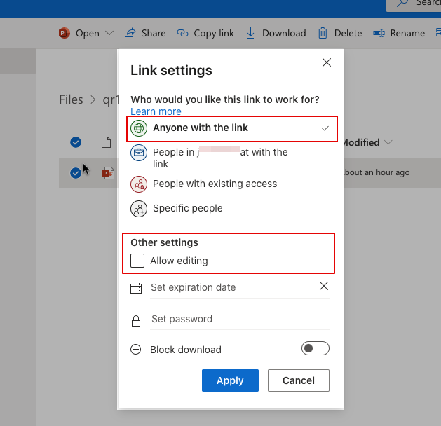 permissions setting for a file in onedrive