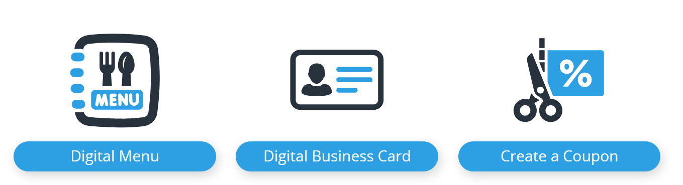 Landingpage types digital menu, business card and coupon