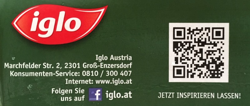 QR Code on Iglo packaging that leads to recipes